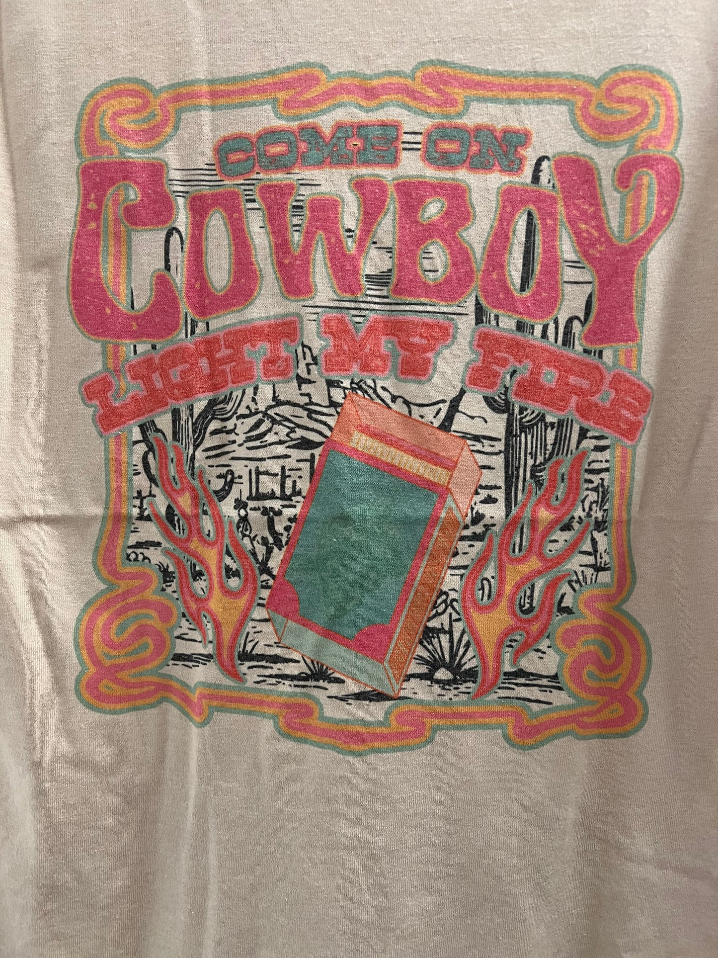 "Come on Cowboy, Light My Fire" Retro Western Graphic Tee — Off-White Jerzees Vintage Cowboy Core
